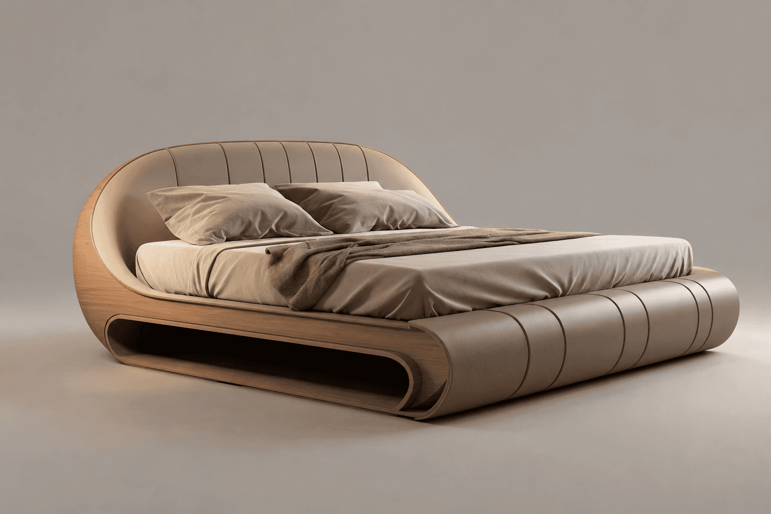 A contemporary platform bed featuring a distinctive curved wooden frame and upholstered sections. Th… — 3D model
