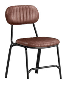 A modern industrial style side chair featuring a black powder-coated metal frame and channel-tufted brown faux leather upholstery. The chair has a minimalist design with a supportive backrest and seat, both upholstered. The metal frame forms the legs and back support in a continuous line, providing stability and a contemporary aesthetic. — 3D model