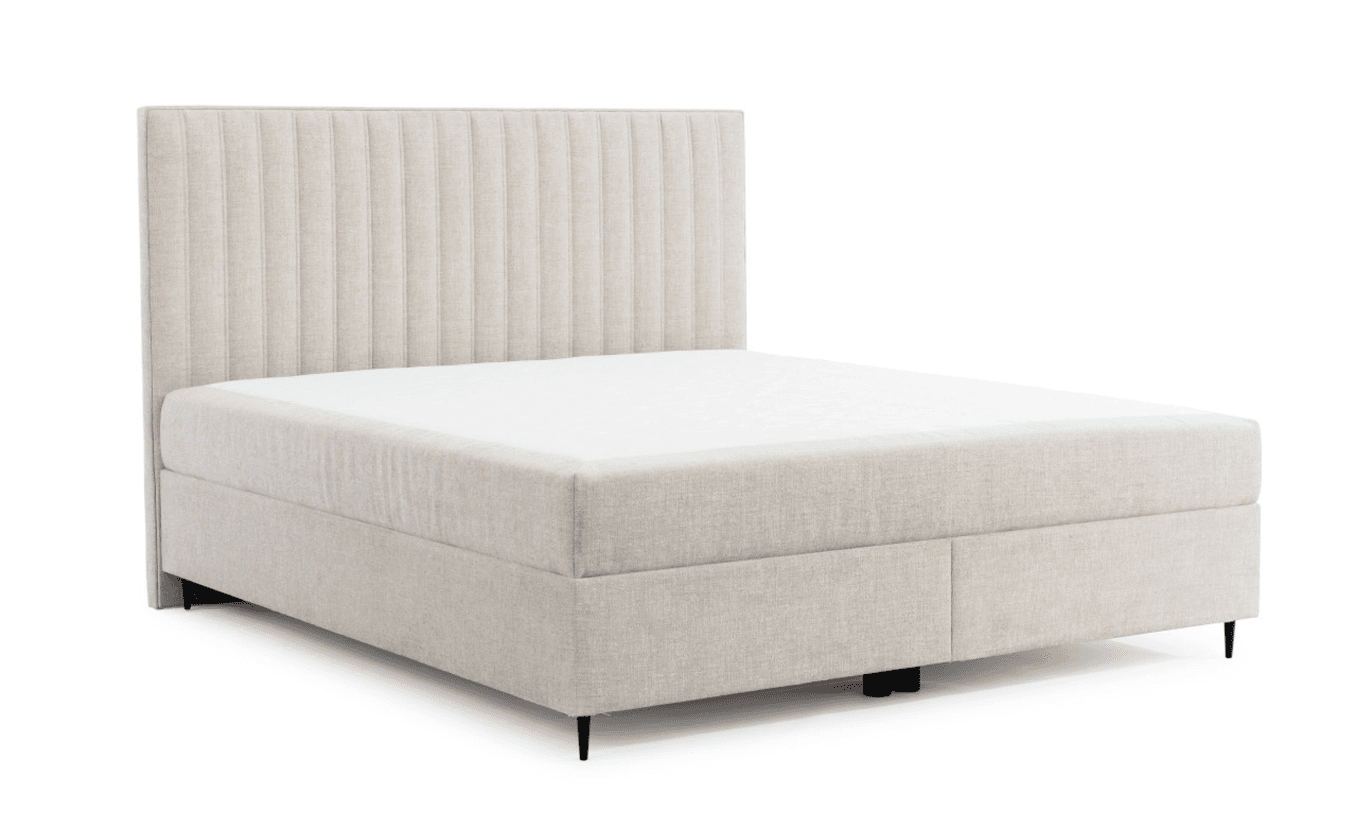 A bed frame with a vertical-ribbed upholstered headboard and a matching upholstered base. The base has a clean, boxy design and stands on four short, tapered black legs. The upholstery appears to be a textured fabric in a light neutral tone. — 3D model