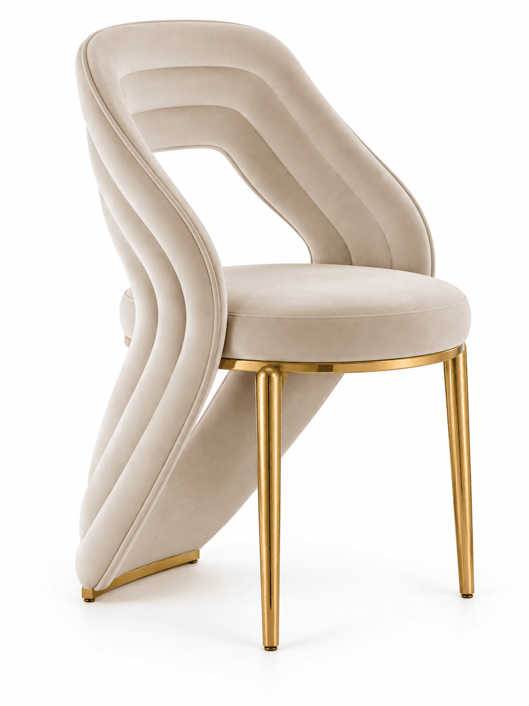 A modern and elegant dining chair featuring a unique, sculptural and channel-tufted backrest upholstered in light beige velvet, supported by slender polished gold-finished metal legs. — 3D model