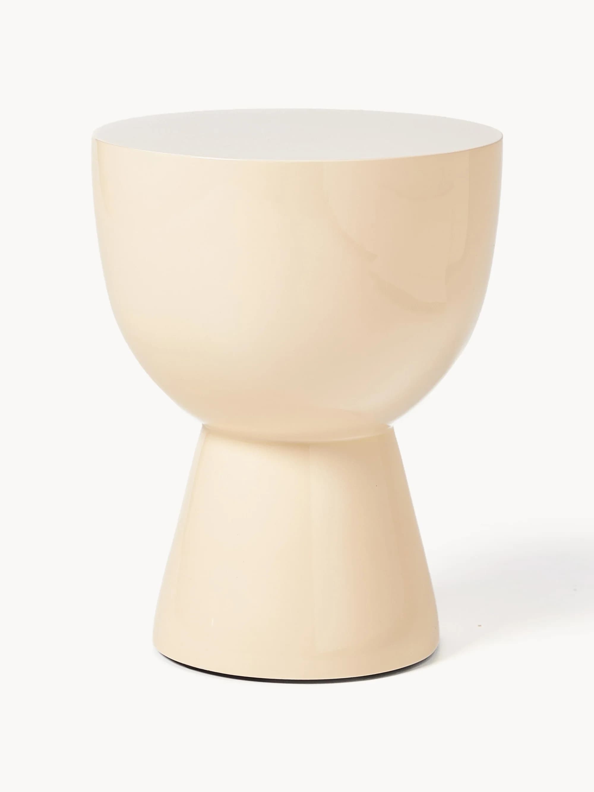 A pedestal-style side table with a rounded, drum-like upper section that tapers to a narrower central section, and then flares out to a wider, flared base. The table has a smooth, glossy finish. — 3D model