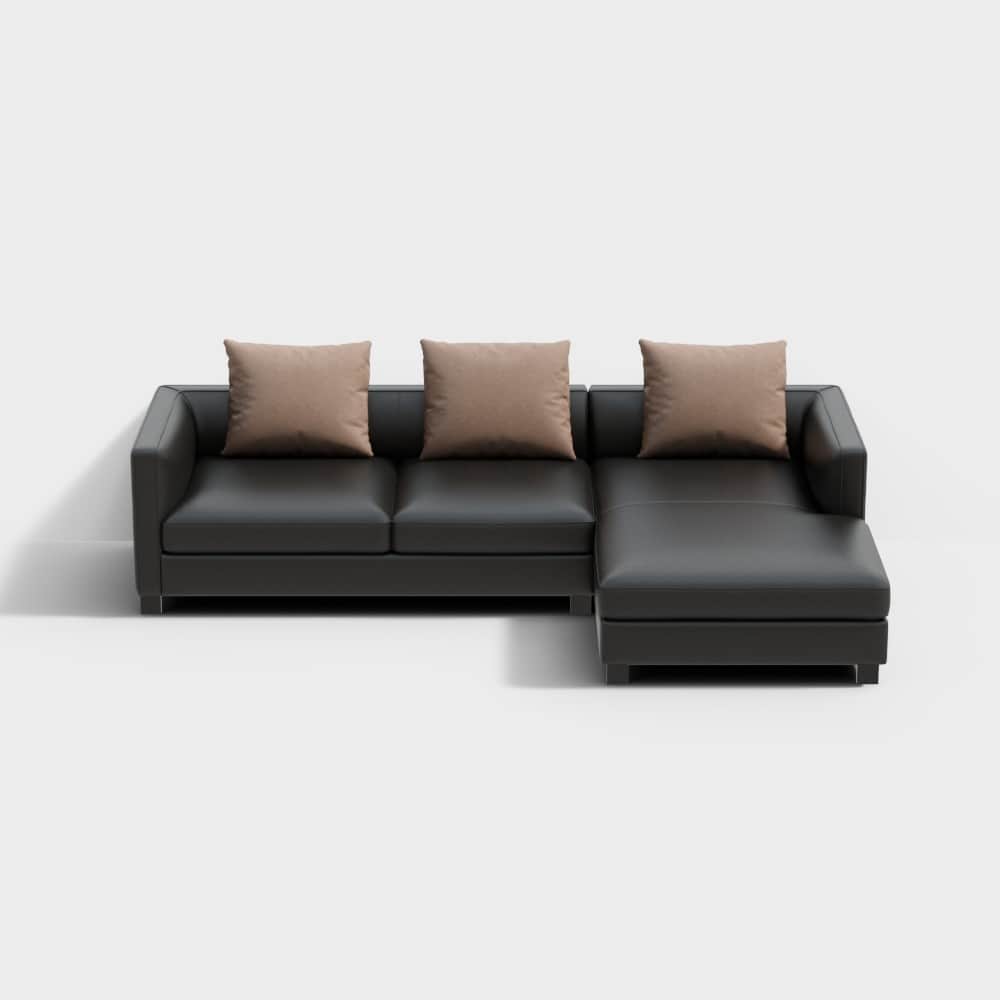 A modern sectional sofa upholstered in dark material, featuring a right-facing chaise lounge and thr… — 3D model