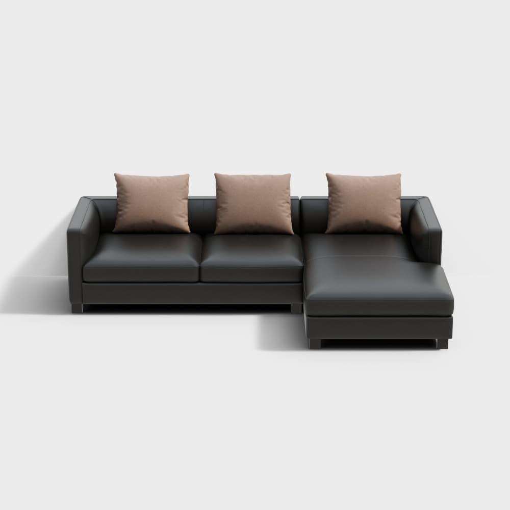 A modern sectional sofa upholstered in dark material, featuring a right-facing chaise lounge and three light-colored throw pillows. — 3D model