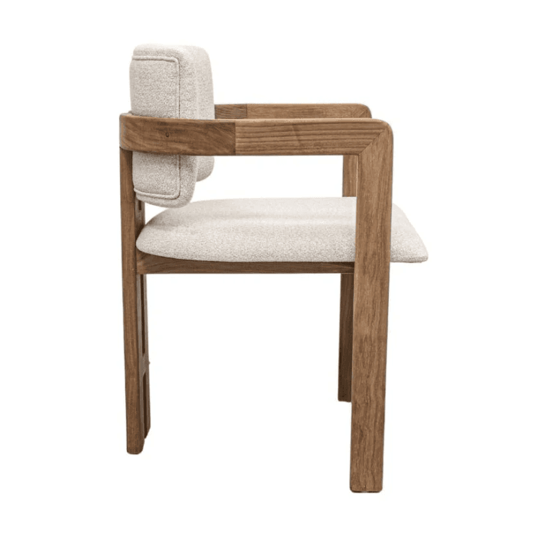 A modern armchair with a wooden frame and upholstered seat and backrest. The frame is constructed from light brown wood with a visible grain pattern. The seat and backrest are upholstered in a textured, light-colored fabric. The armchair features armrests integrated into the wooden frame, and a distinct segmented back cushion. — 3D model