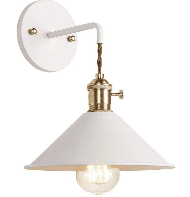 A modern industrial-style wall sconce featuring a white, conical metal shade, a brass lampholder, an… — 3D model