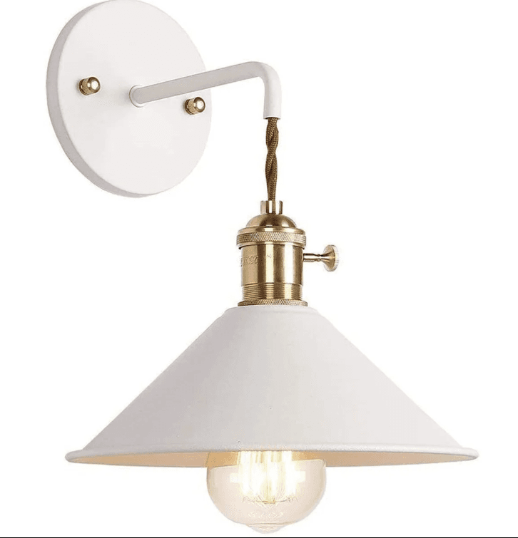 A modern industrial-style wall sconce featuring a white, conical metal shade, a brass lampholder, and a twisted brown fabric-covered electrical cord connecting to a white circular wall plate with a bent arm. — 3D model