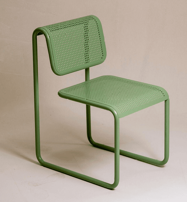 A modern armless chair featuring a monochromatic green finish, constructed with a continuous tubular metal frame and perforated metal sheets for the seat and backrest. — 3D model
