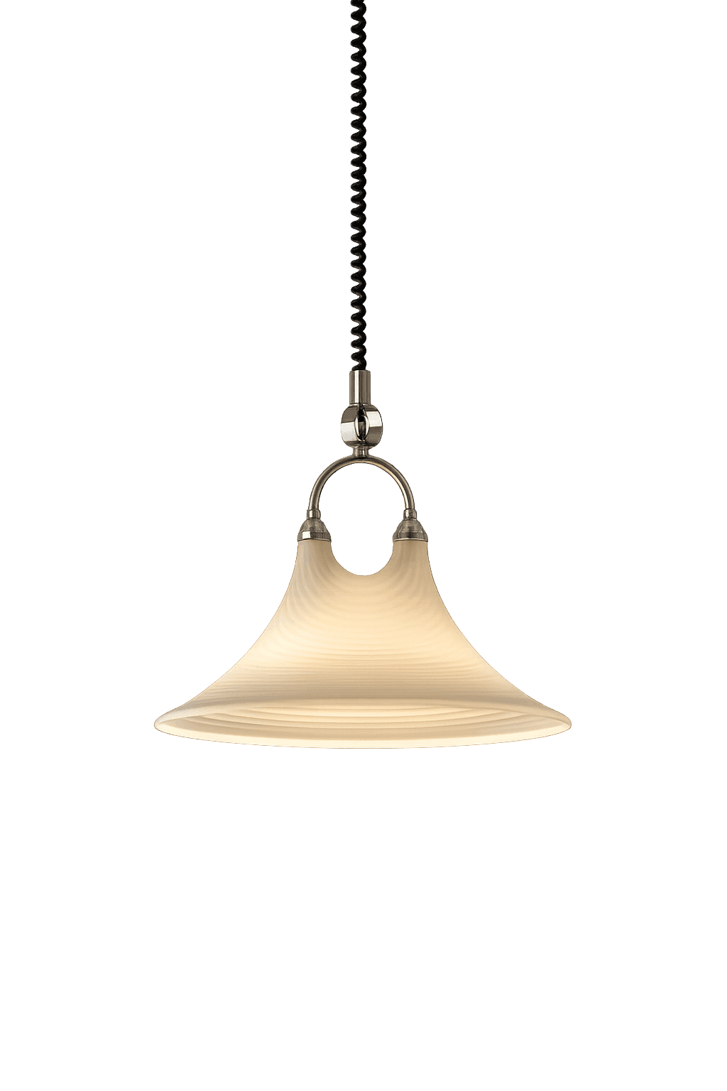 A contemporary pendant light featuring a wide, bell-shaped shade made of pleated or ribbed frosted g… — 3D model