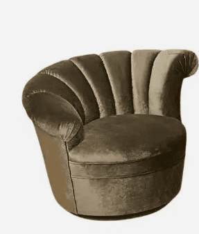 An olive green velvet upholstered barrel chair featuring a distinctive scalloped, channel-tufted bac… — 3D model