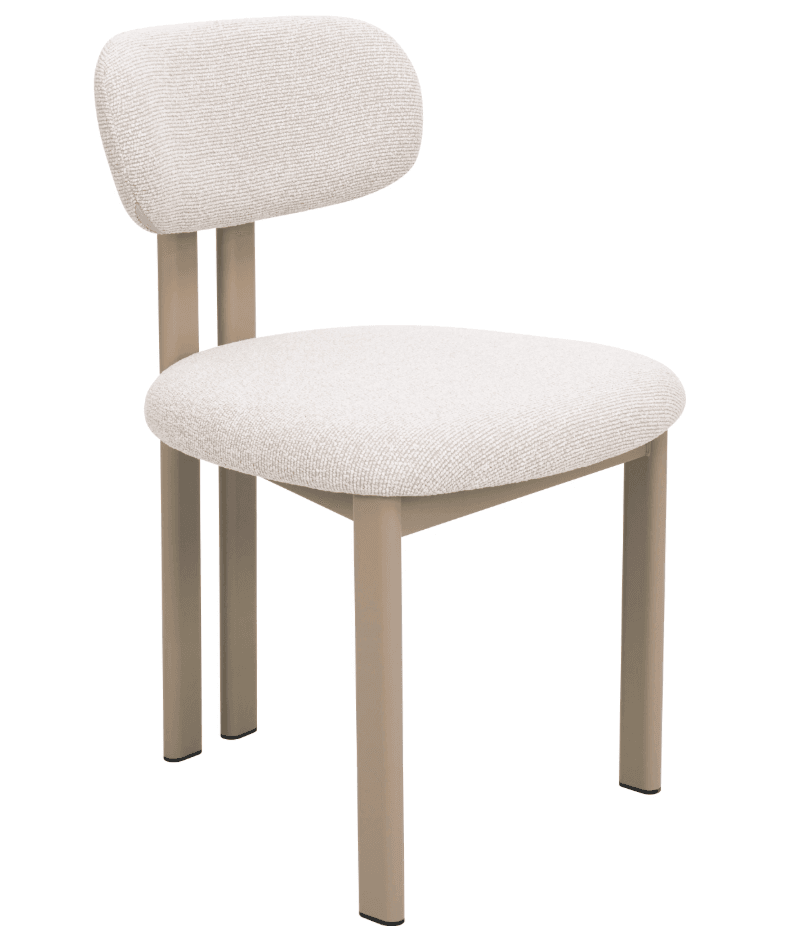 A contemporary armless chair featuring an upholstered seat and a detached, rounded backrest. The chair is supported by four straight, cylindrical metal legs in a matte light beige or taupe finish. The upholstery is a textured, light cream or off-white fabric. — 3D model