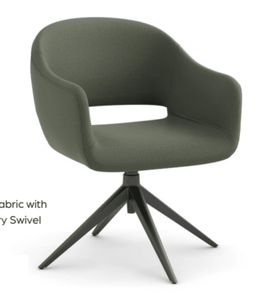 A contemporary armchair with a rounded silhouette and integrated armrests. The chair features a swivel base with four splayed legs. — 3D model