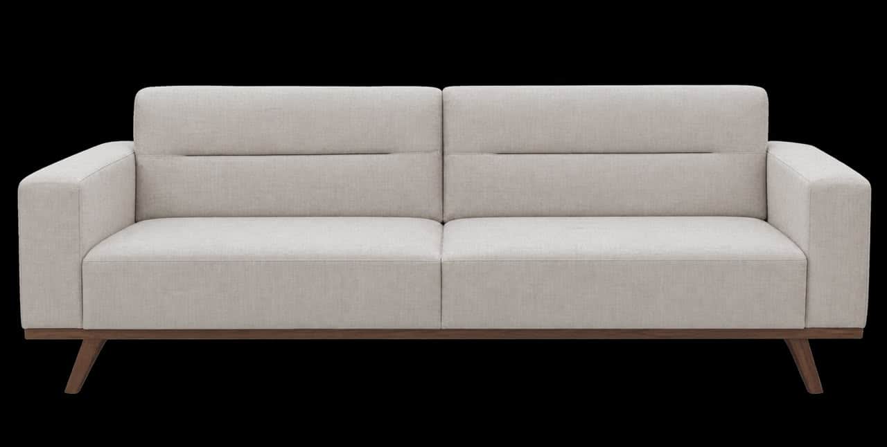 A contemporary two-seater sofa upholstered in a light beige fabric, featuring a visible wooden base… — free STL 3D model