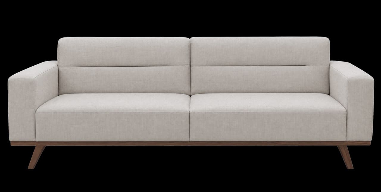 A contemporary two-seater sofa upholstered in a light beige fabric, featuring a visible wooden base and splayed legs. The back cushions have distinct horizontal stitching. — 3D model