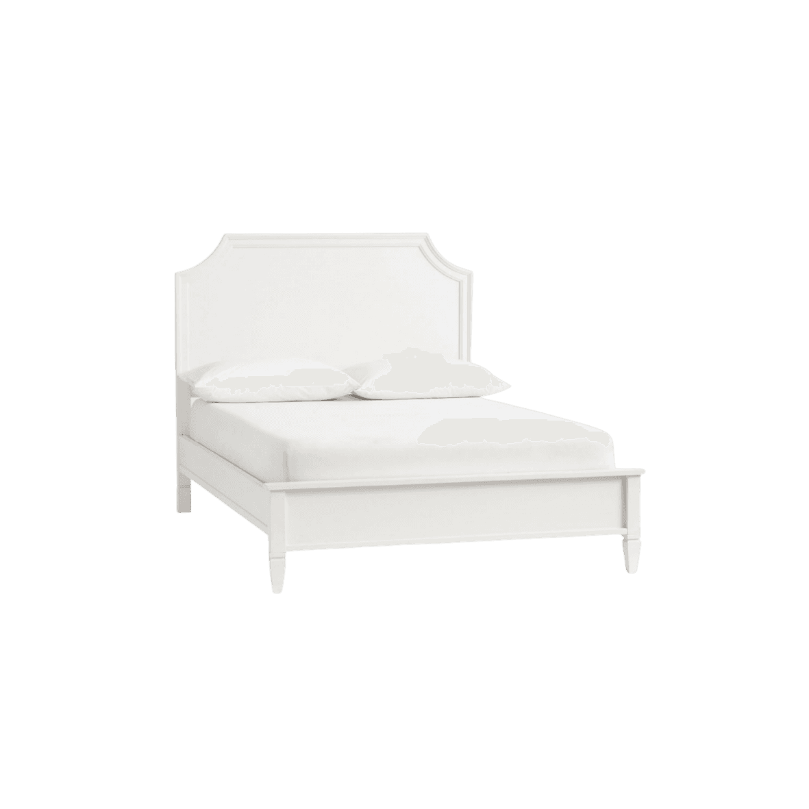 A white, upholstered bed frame with a headboard and footboard. The headboard features a curved top edge and a rectangular shape with rounded corners. The bed frame is supported by four tapered legs. The bed is shown with two white pillows and a white mattress or duvet. — 3D model