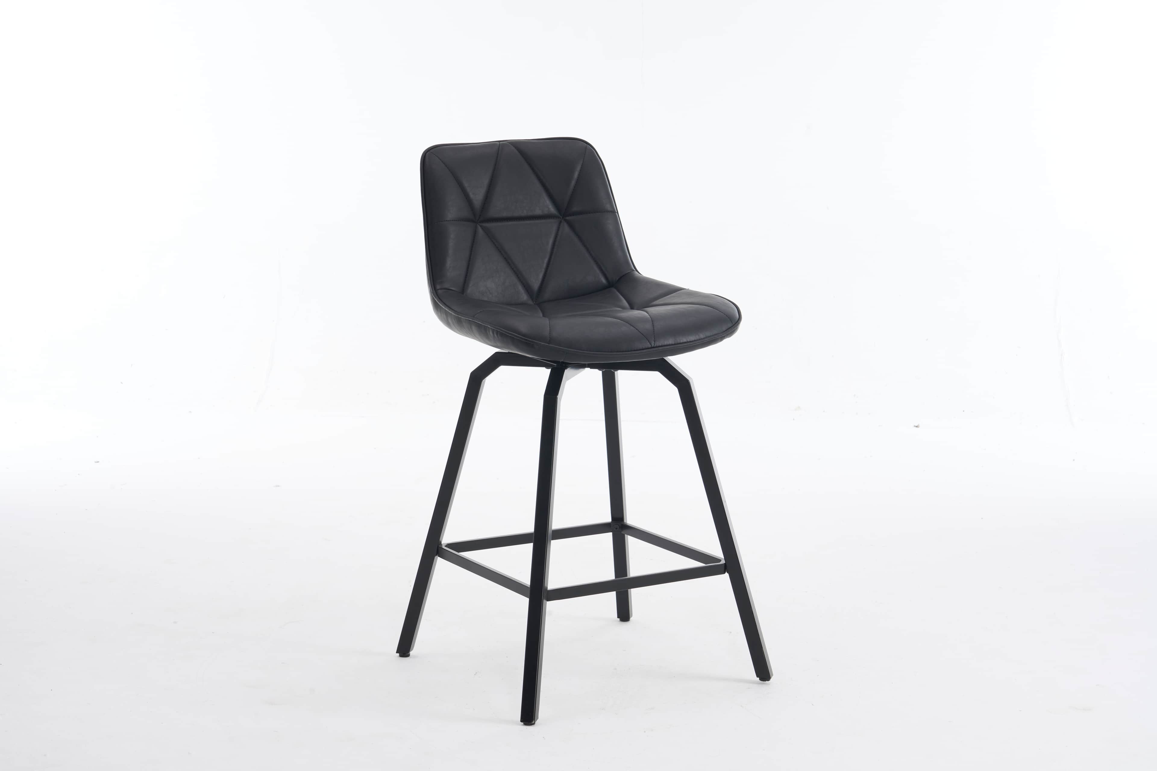 A black bar stool with a geometrically quilted faux leather seat and a black metal splayed-leg base… — 3D model