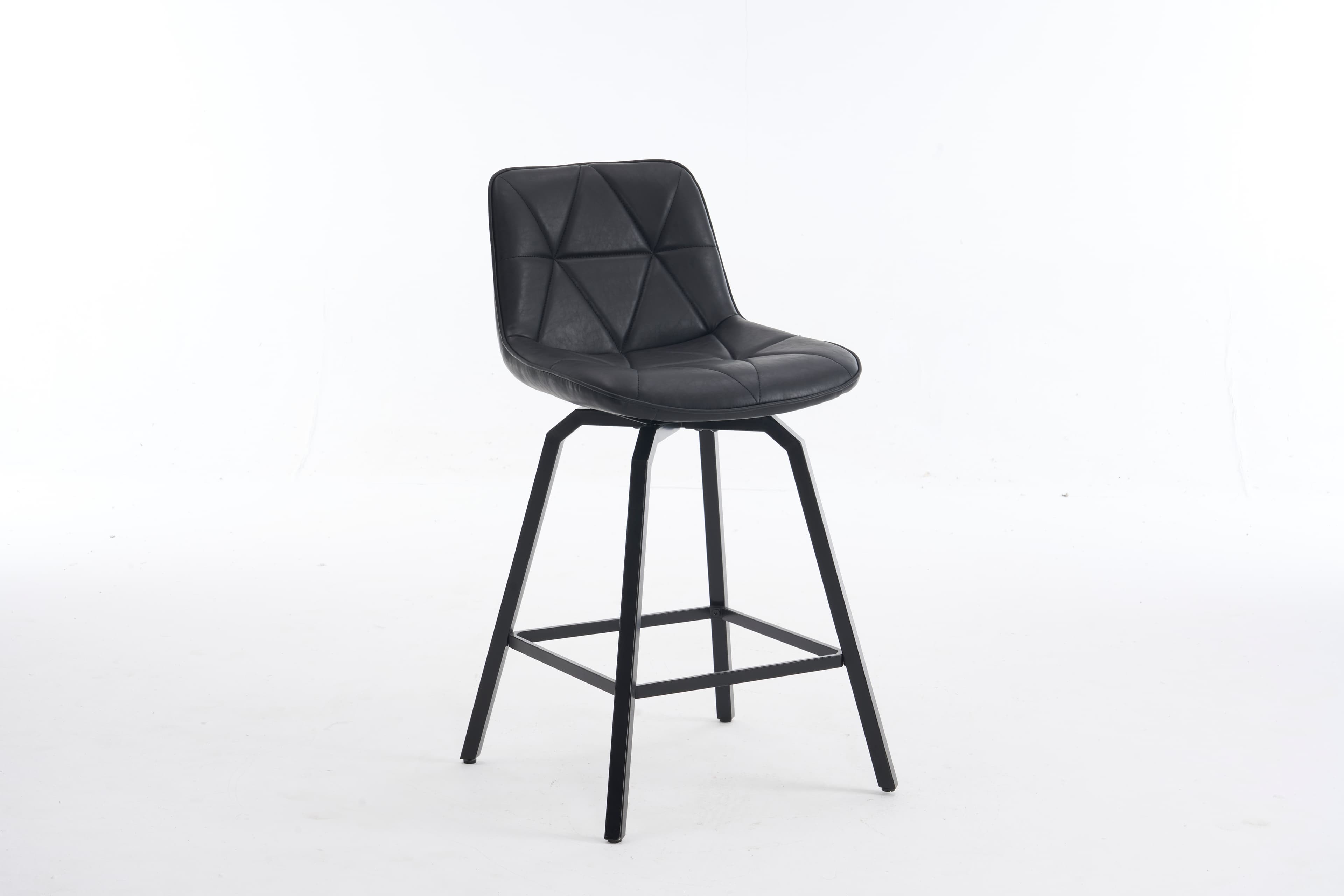 A black bar stool with a geometrically quilted faux leather seat and a black metal splayed-leg base with an integrated footrest. — 3D model