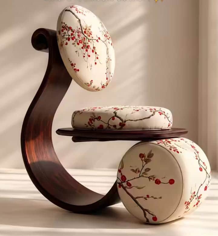 A highly sculptural chaise lounge featuring a dark-stained, sinuous wooden frame that supports three… — 3D model