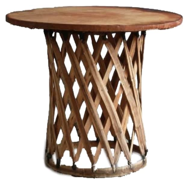 A round side table featuring a solid wood top and a distinctive woven lattice base. The base is cons… — 3D model