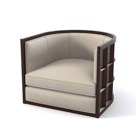 A contemporary barrel-shaped armchair featuring a dark wood exposed frame. The curved back and seat… — 3D model