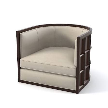A contemporary barrel-shaped armchair featuring a dark wood exposed frame. The curved back and seat are upholstered in a light-colored fabric. The exterior sides of the chair feature a distinct grid pattern within the wood frame, adding a decorative element. — 3D model