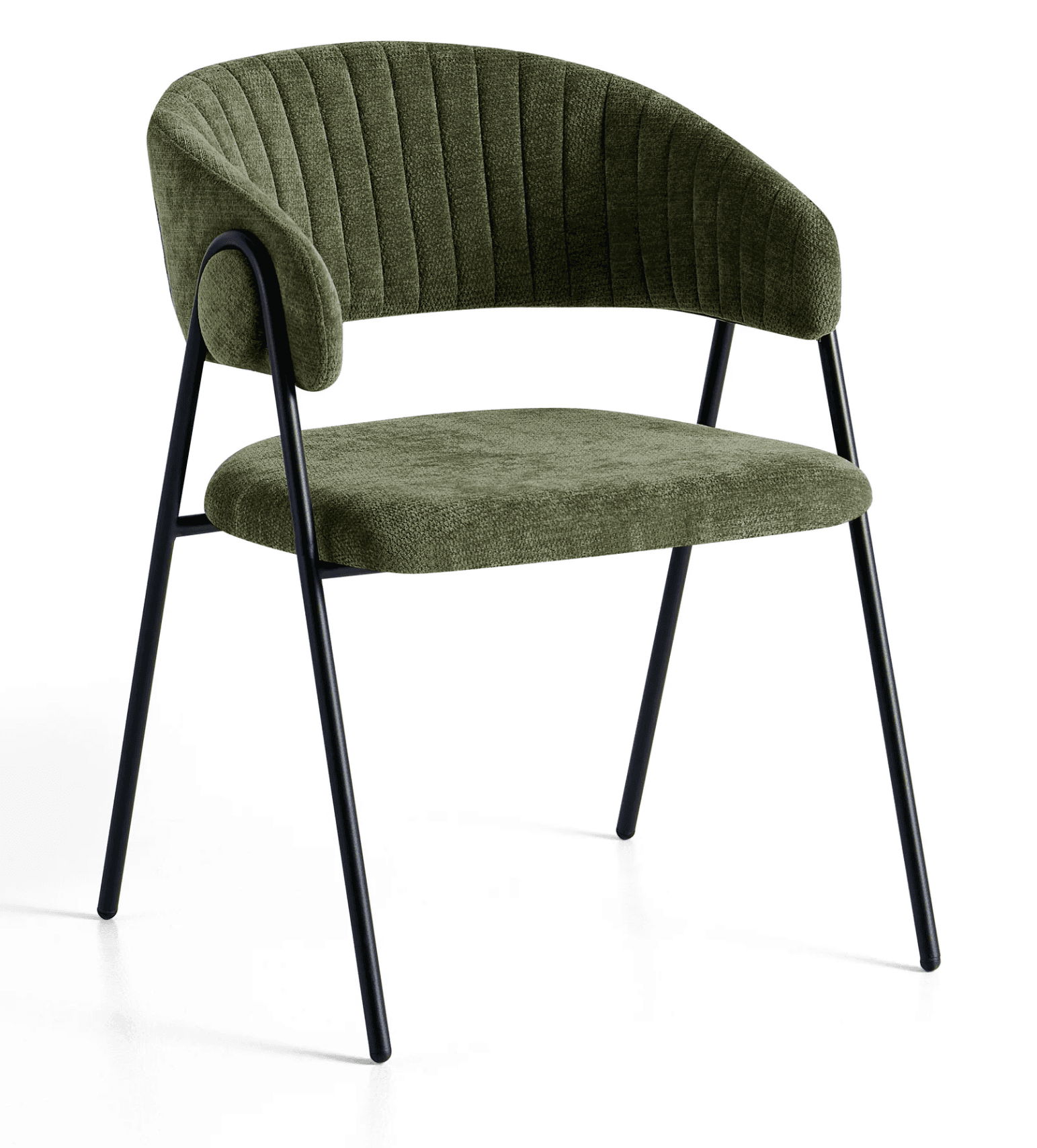 A modern accent chair featuring a curved backrest and seat upholstered in a textured green fabric. The chair has a metal frame with four slender legs in a matte black finish. The backrest exhibits vertical channel tufting. — 3D model