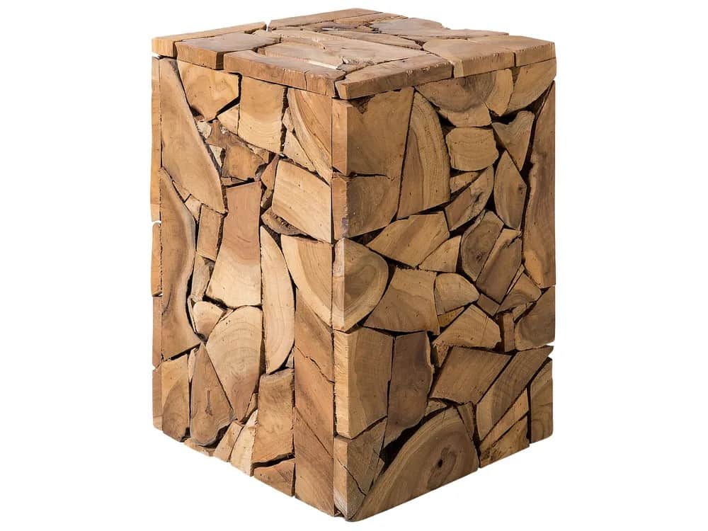 A cube-shaped stool constructed from numerous irregular pieces of wood, resembling a mosaic or mosai… — 3D model