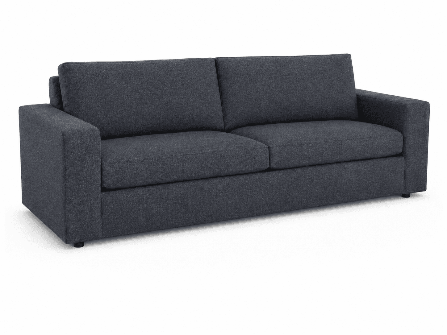A modern two-seat sofa upholstered in a dark grey/blue fabric. It features clean lines, fixed track arms, two plush back cushions, and two separate seat cushions. The sofa sits on low, recessed block feet. — 3D model