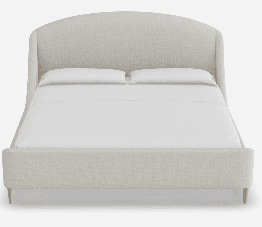 A light-colored upholstered bed frame with a curved headboard and integrated side rails. The bed has a low profile and stands on four slender, tapered wooden legs. It is shown with white bedding, including two pillows. — 3D model