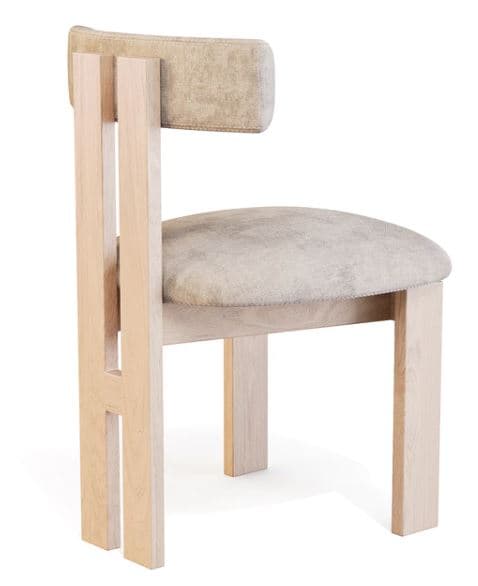 A modern chair with a light wood frame and upholstered seat and backrest. The frame has a distinctive H-shaped structure at the rear legs. The seat and backrest are padded and covered in a textured, neutral-toned fabric. — 3D model
