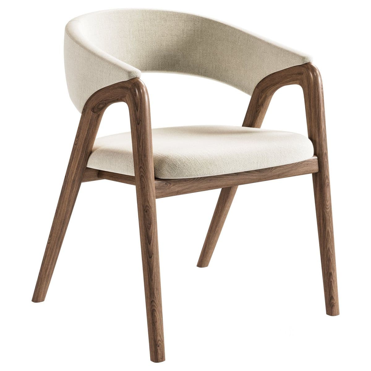 A modern armchair featuring a curved wooden frame and upholstered seat and backrest. The design incorporates a rounded back that flows into integrated armrests, all crafted from a rich, warm-toned wood. The seat and inner back are upholstered in a light, textured fabric, providing contrast and comfort. The chair stands on four sturdy, tapered wooden legs. — 3D model