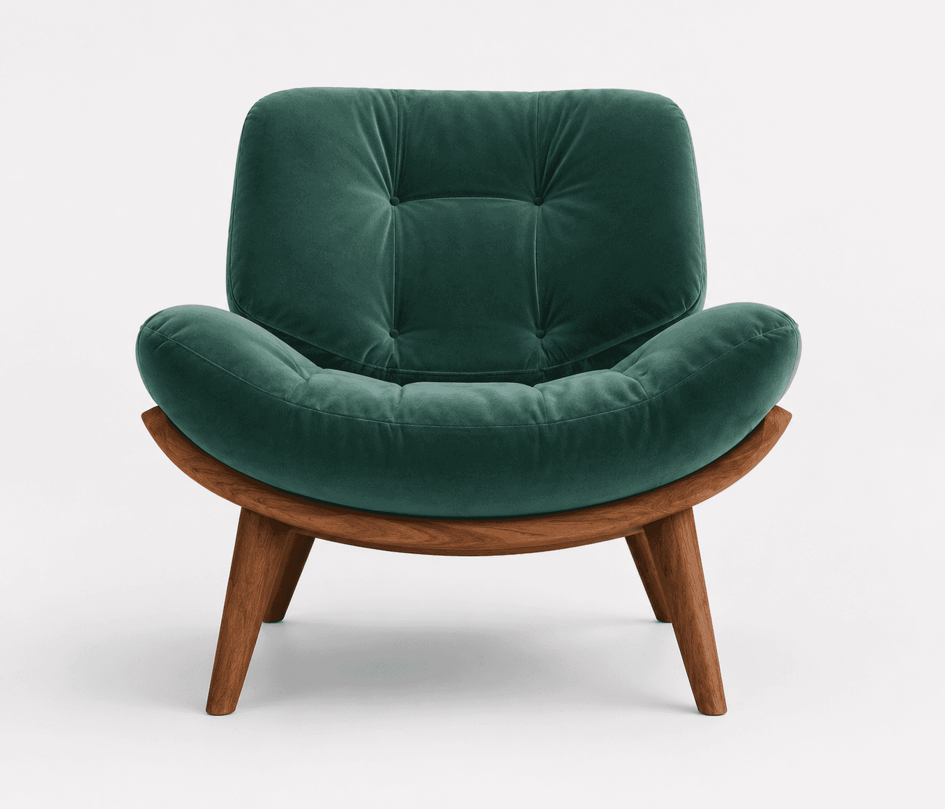 A contemporary lounge chair featuring a deep green velvet upholstery and a curved wooden frame. The… — 3D model