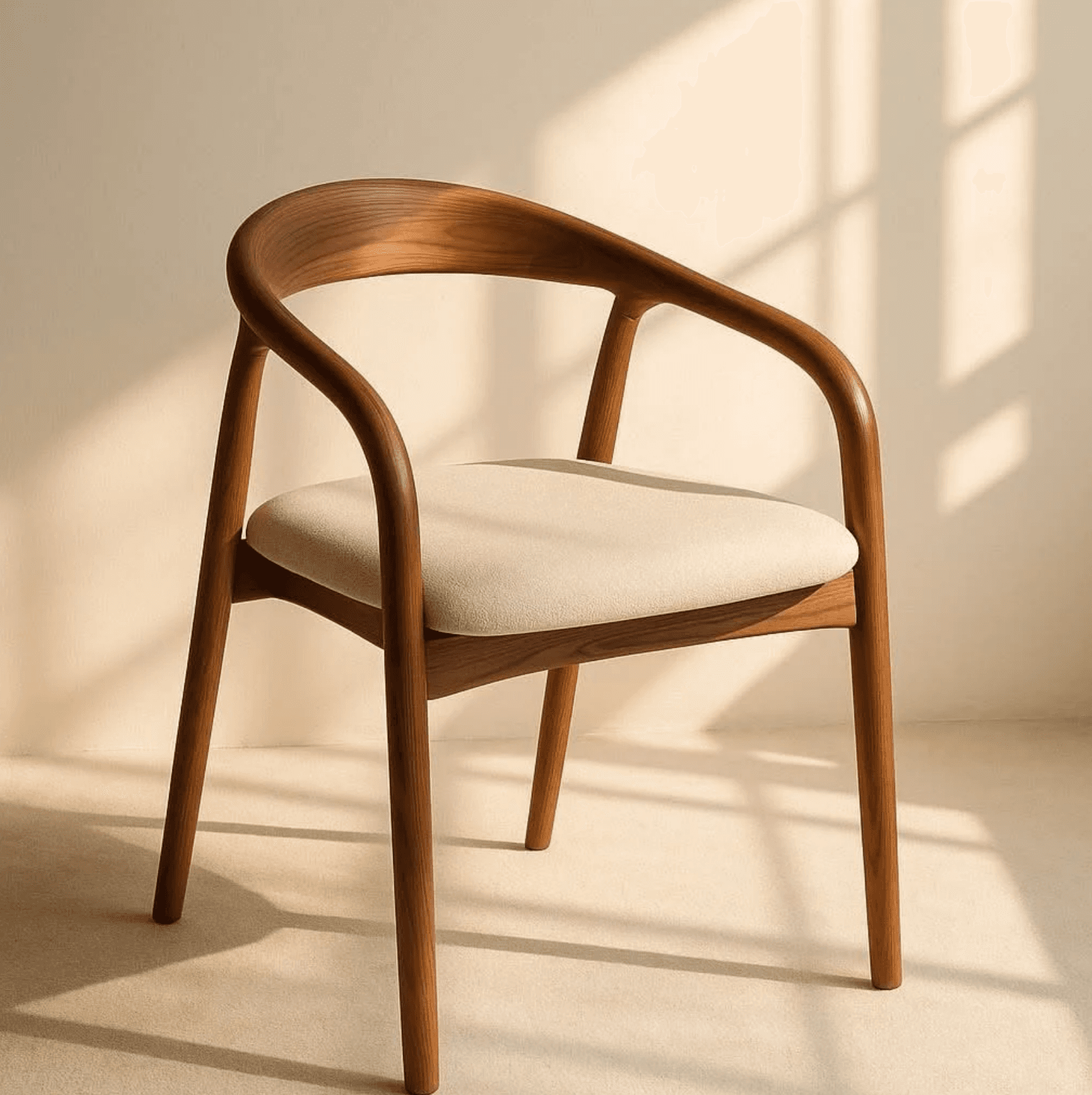 A stylish modern armchair featuring a solid wood frame with a warm brown finish. The design incorporates a continuous, gently curved backrest that seamlessly flows into the armrests. The seat is a plush, upholstered cushion in a light, neutral fabric, providing a comfortable contrast to the wooden structure. The chair is supported by four slender, tapered legs, contributing to its minimalist and elegant aesthetic. Shadows indicate it is well-lit, highlighting the wood grain. — 3D model