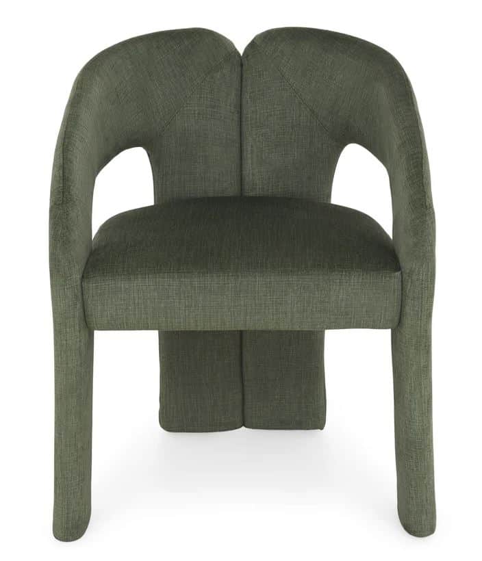 An upholstered accent chair in a dark olive green fabric, featuring a distinctive sculptural form wi… — 3D model