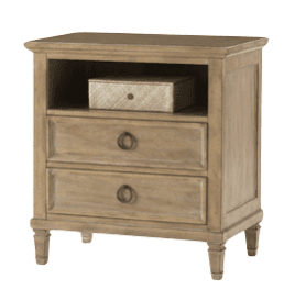 A two-drawer nightstand with an open shelf above. The piece features carved detailing on the legs and drawer fronts. Each drawer has a circular metal pull. An decorative box is placed on the open shelf. — 3D model