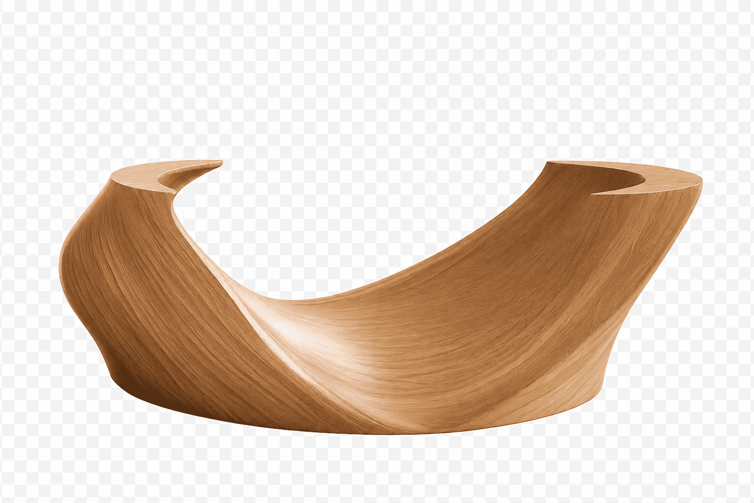 A sculptural object made from light-colored wood, featuring fluid, sinuous curves that create a wave… — 3D model
