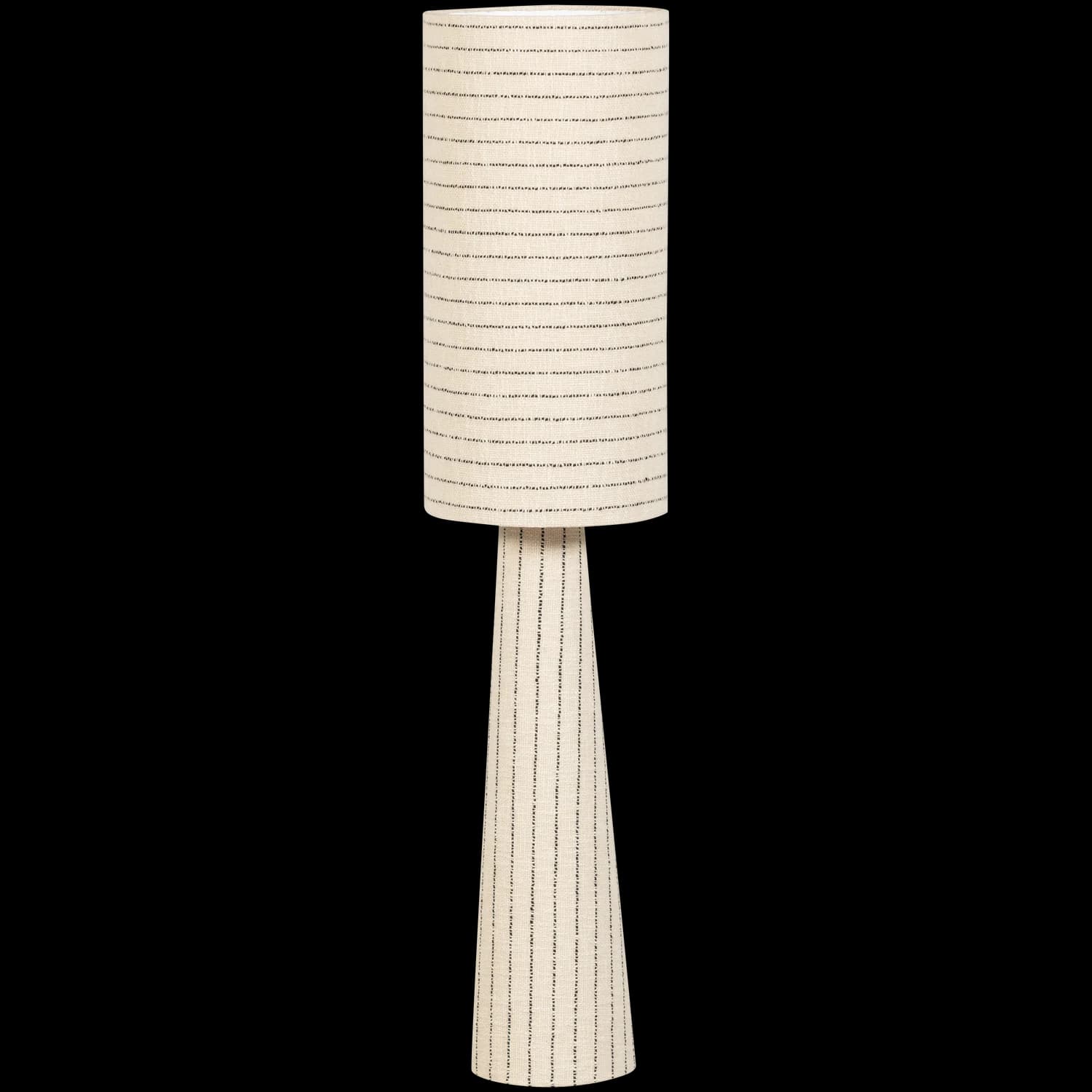 A floor lamp with a cylindrical lampshade and a conical base. The lampshade and base are covered in a textured fabric with a pattern of thin, dark stripes arranged vertically. The lampshade appears to be made of a neutral-colored fabric, possibly linen or a blend, with a white inner lining. The base is tapered, widening towards the top, and also features the same striped textile covering. The overall design is minimalist and modern. — 3D model