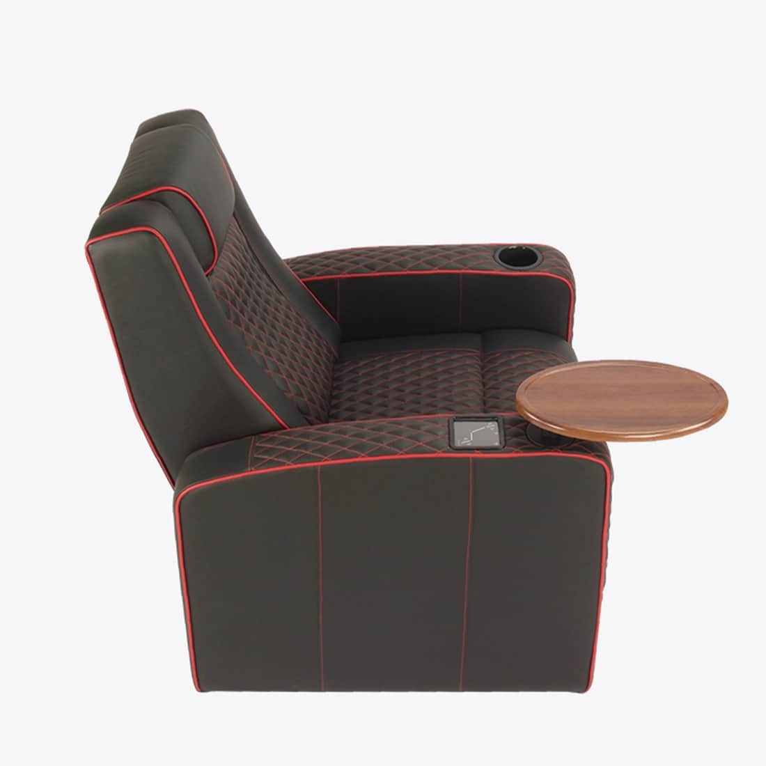 A modern black recliner chair featuring red contrast piping and diamond-patterned quilted stitching… — 3D model