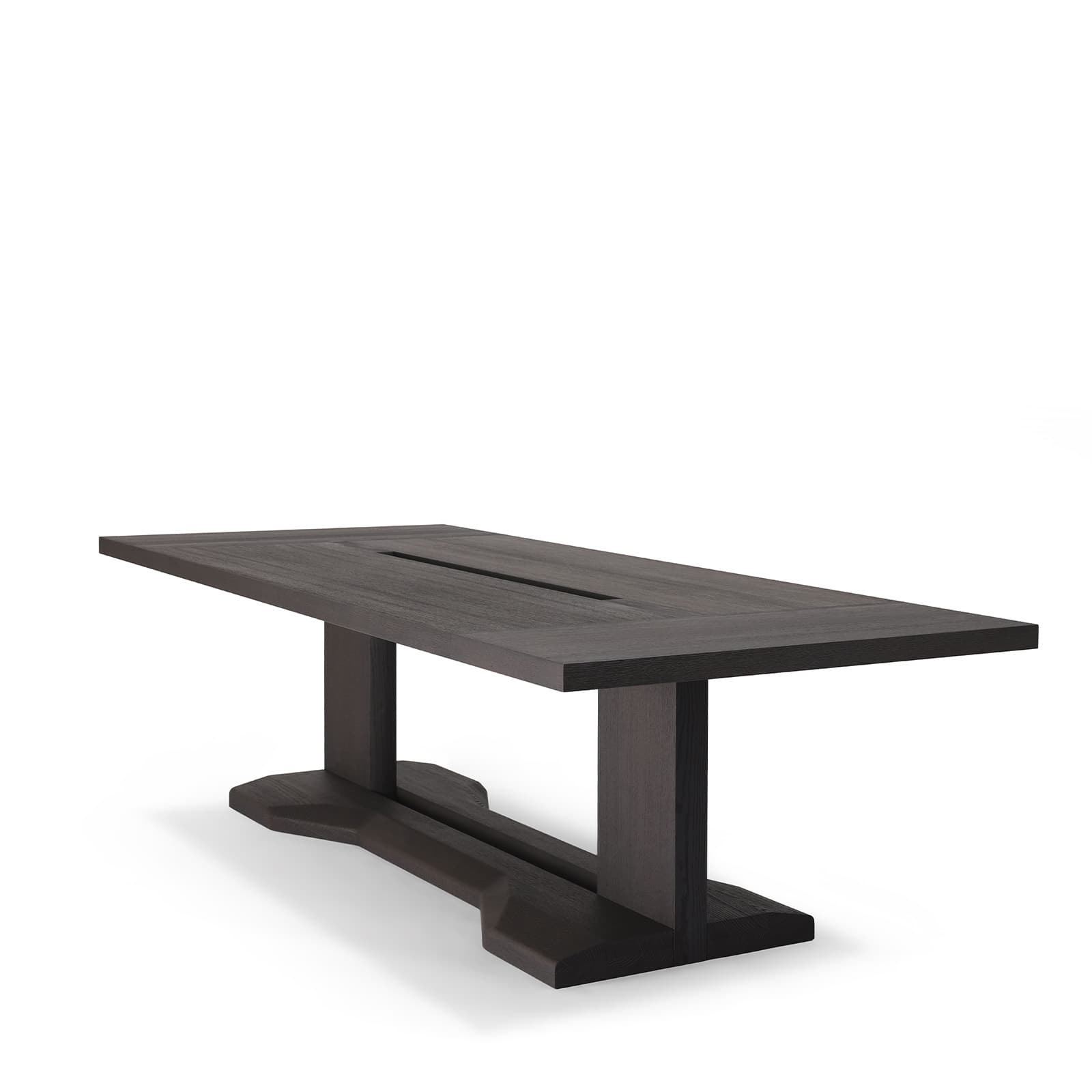 A substantial rectangular dining table crafted from dark-stained wood, likely oak. It features a thick tabletop with a prominent central channel or groove. The table is supported by two robust, rectangular slab-like legs connected by a thick trestle beam, which rests on two wide, sculpted feet. The overall aesthetic is solid and modern. — 3D model