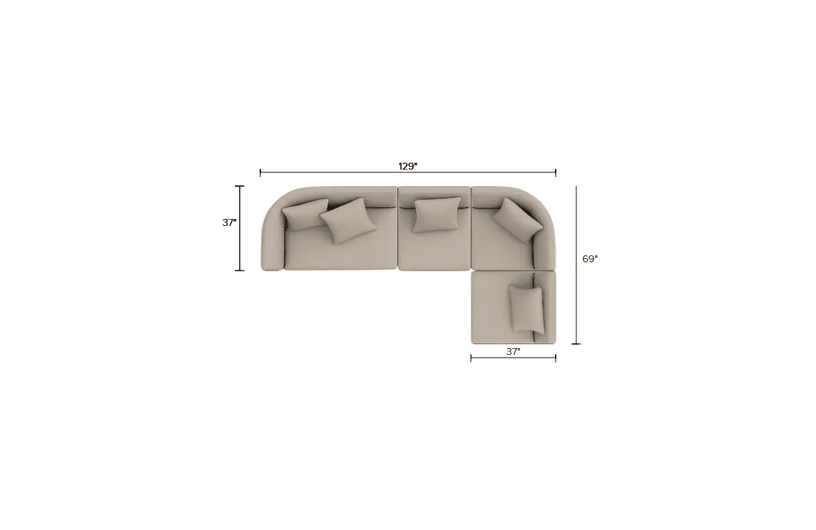 A sectional sofa with a curved corner section and an attached chaise lounge. The sofa is upholstered in a neutral fabric and includes several loose back cushions and seat cushions. The design features clean lines and a modern aesthetic. — 3D model