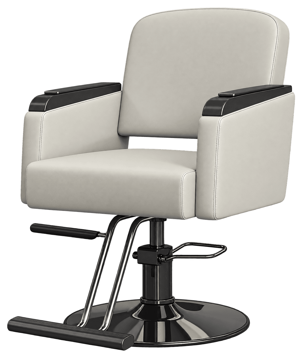 A professional salon styling chair featuring off-white faux leather upholstery on the seat, back, an… — 3D model