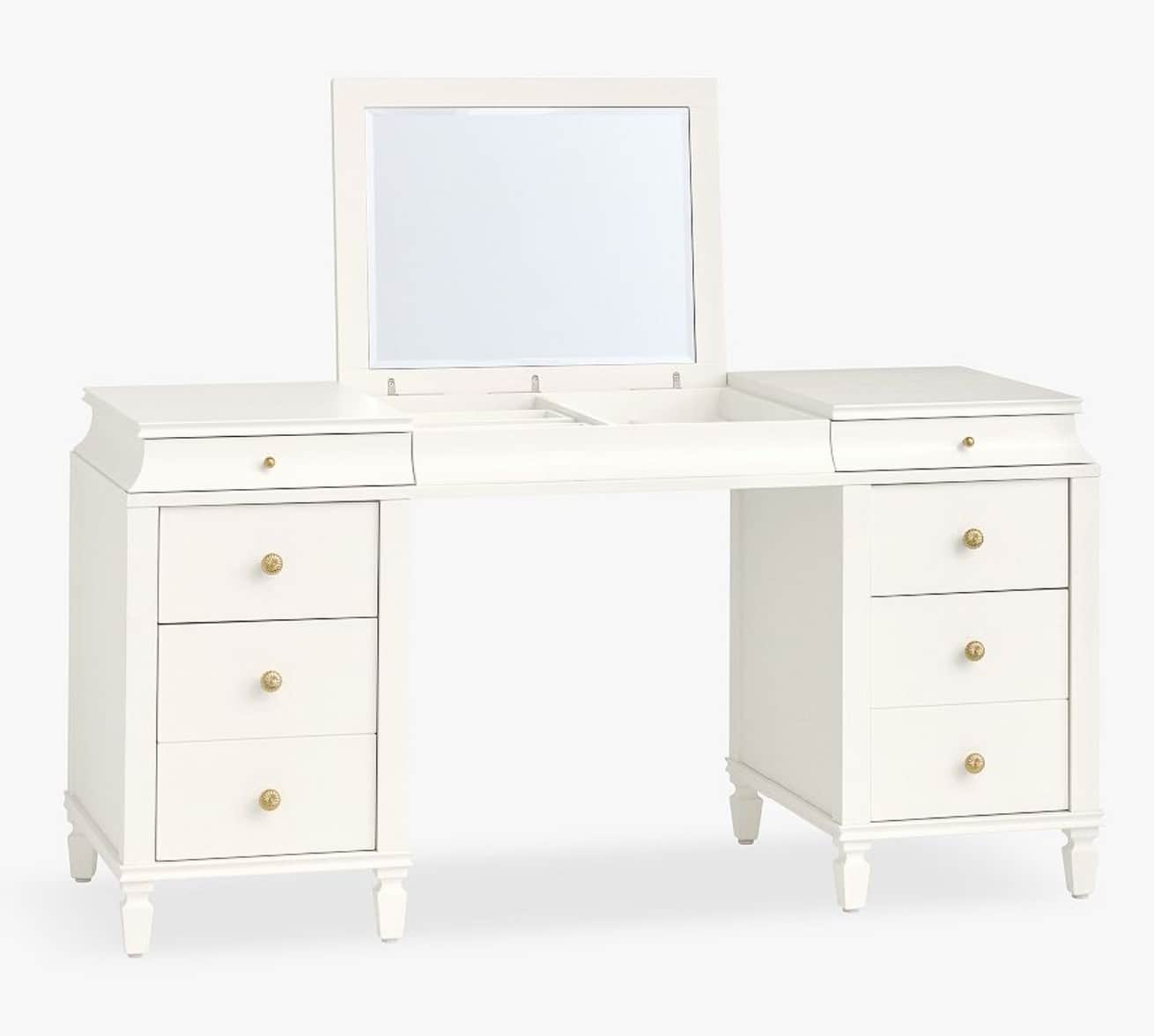 A white wooden dressing table featuring two drawer pedestals, a central desk area, and a flip-top mi… — 3D model