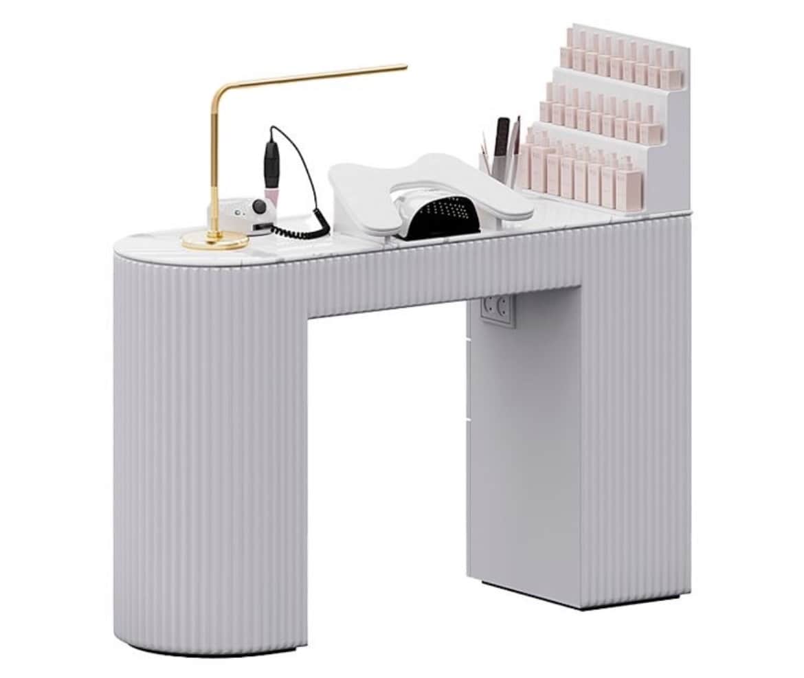 A modern manicure station featuring a white and light grey finish with a faux marble tabletop. The d… — 3D model