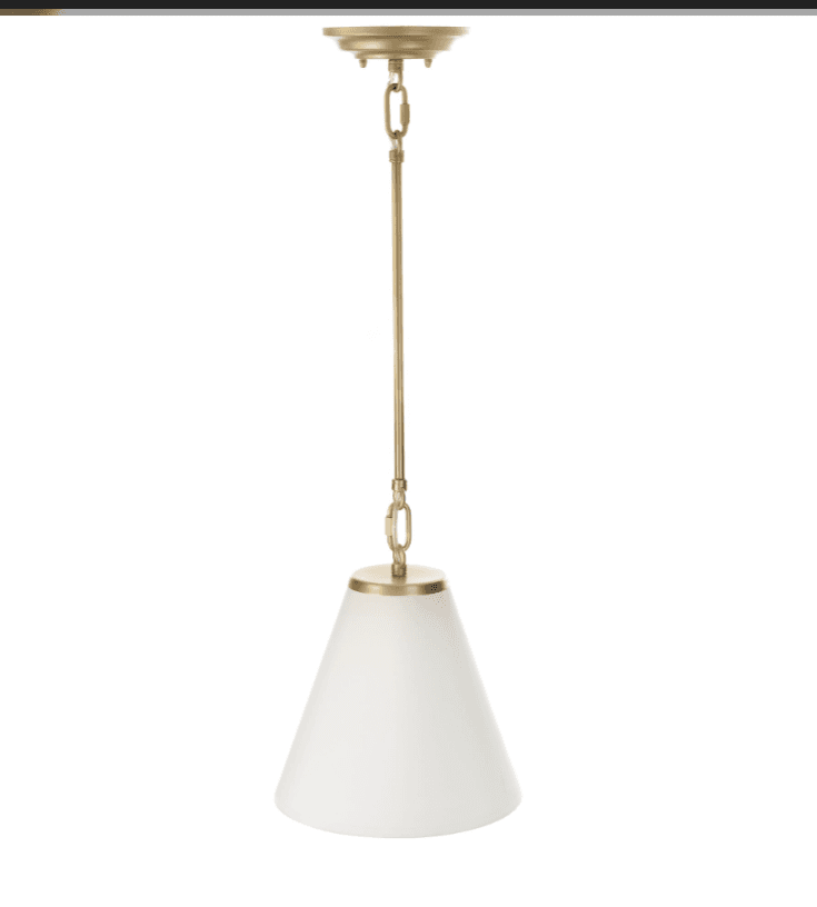 A single pendant light featuring a conical white shade suspended from a brushed brass rod and chain assembly. — 3D model