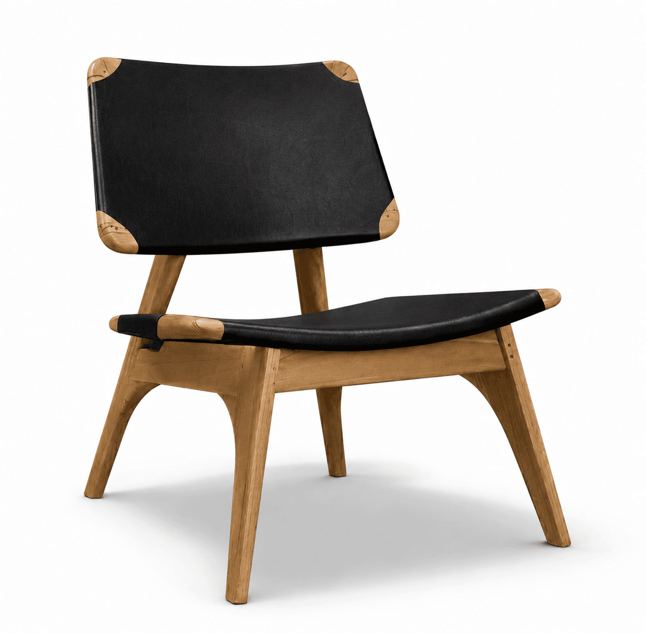 A modern lounge chair with a wooden frame and black leather upholstery. The chair features a distinctive design with angled legs, a curved seat, and a slightly reclined backrest. Natural wood accents are visible at the corners of the seat and backrest, suggesting a blend of materials and craftsmanship. — 3D model