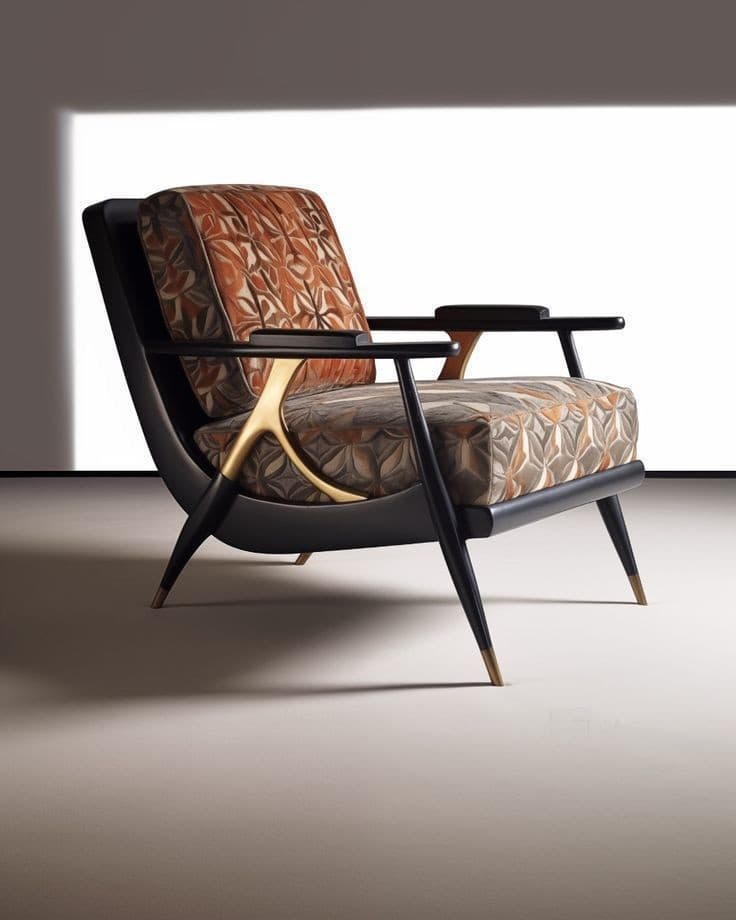 A modern armchair with a curved black frame, featuring upholstered seat and backrest with a geometric pattern in shades of orange, brown, and beige. The armchair has distinct armrests and tapered legs with brass-colored accents. — 3D model