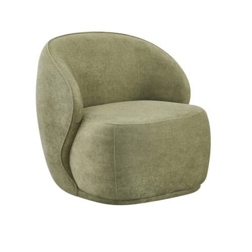 A single-seat armchair with a rounded back and seat, upholstered in a textured fabric. The chair features a distinctive curved armrest that extends down to the base, creating a sculptural form. The base is a rounded plinth that matches the upholstery. — 3D model