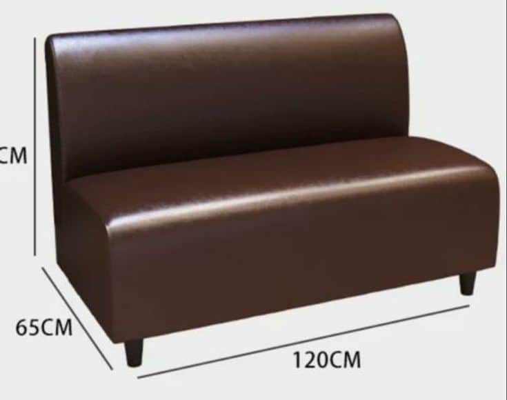 A brown, armless two-seater commercial booth seat with a gently curved backrest and short, dark tape… — 3D model