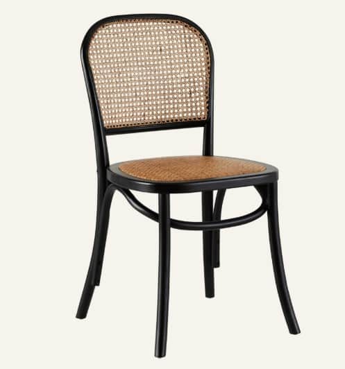 A black wooden dining chair featuring a rounded cane backrest and a woven cane seat. The frame exhib… — free STL 3D model