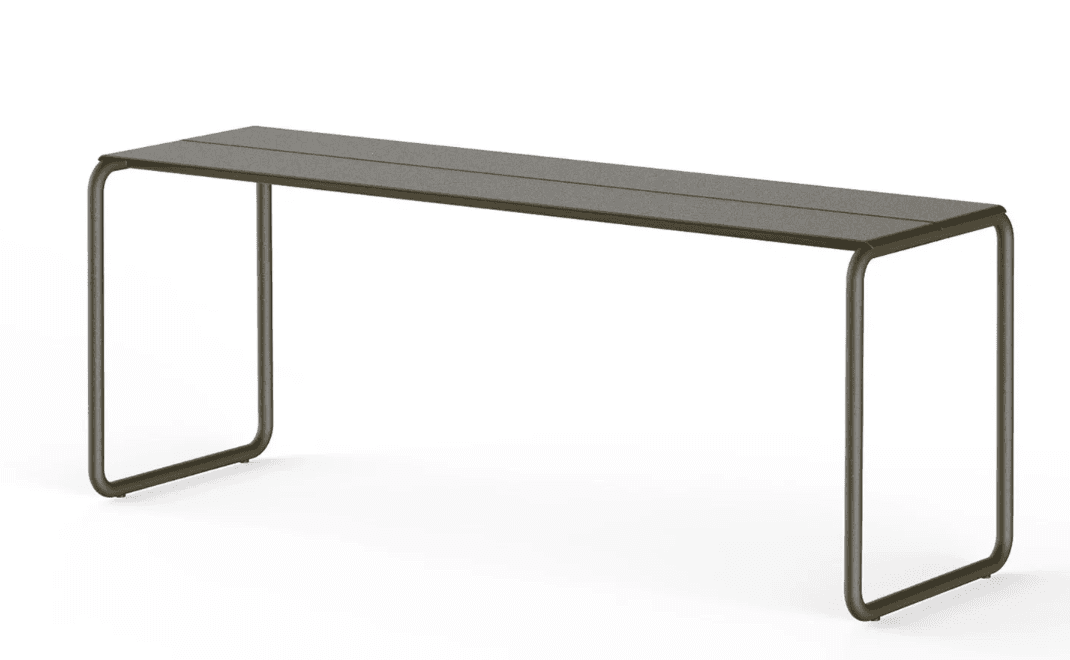 A minimalist bench with a slender, rectangular top supported by two U-shaped legs. The top appears to be constructed from multiple slats, with a subtle lengthwise seam. The legs have rounded corners and a consistent tubular profile, extending upwards to meet the underside of the tabletop. — 3D model