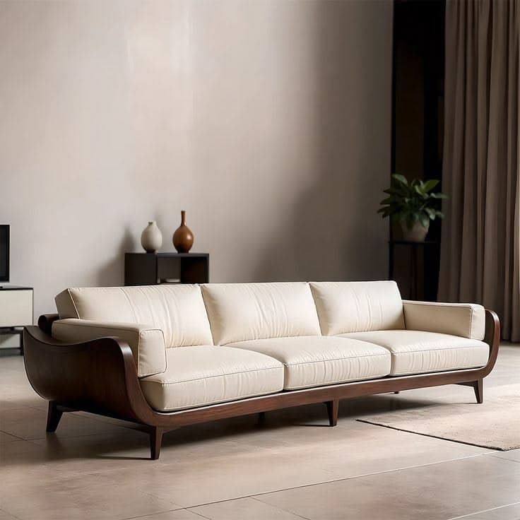 A modern three-seater sofa featuring a dark-stained exposed wooden frame with curved armrests and light-colored fabric upholstery. It has three individual seat cushions and three separate back cushions, supported by tapered wooden legs. — 3D model
